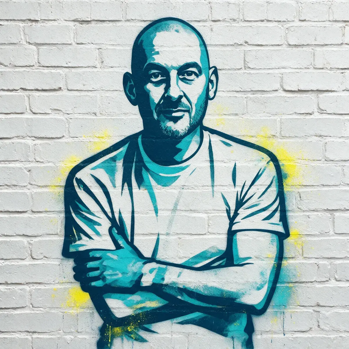Spray-paint mural portrait of Stuart Buckley, created from his own photos